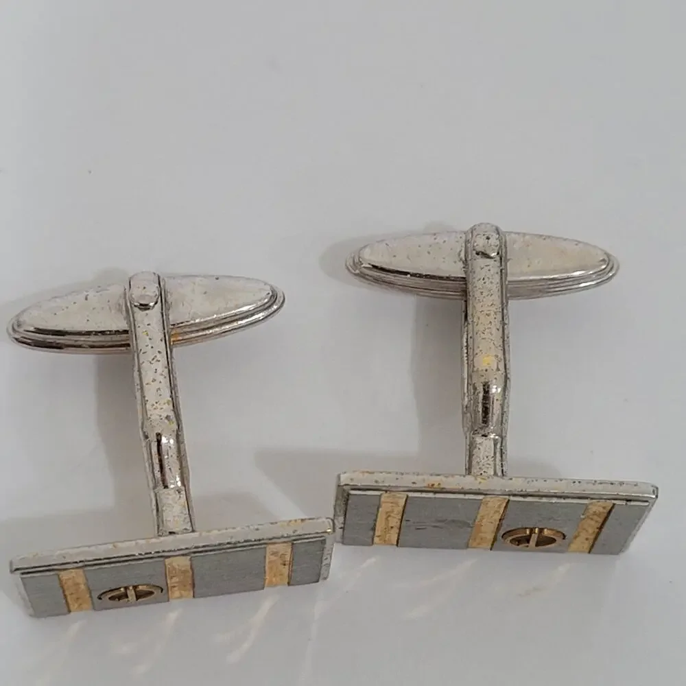 Dunhill D Cufflinks Silver Gold Tone Logo Rectangle Designer Logo Vintage Stripe